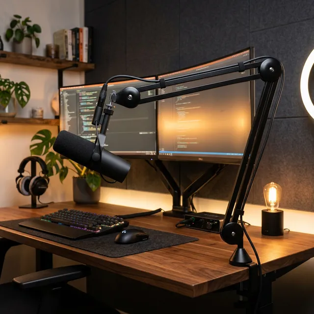 モニターを遮らない超快適設計！視界がスッキリする「ロープロファイル」マイクアーム