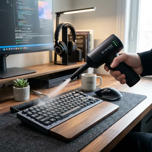 【ホコリ撲滅】キーボード掃除のイライラを吹き飛ばす「AC電源・電動エアダスター」