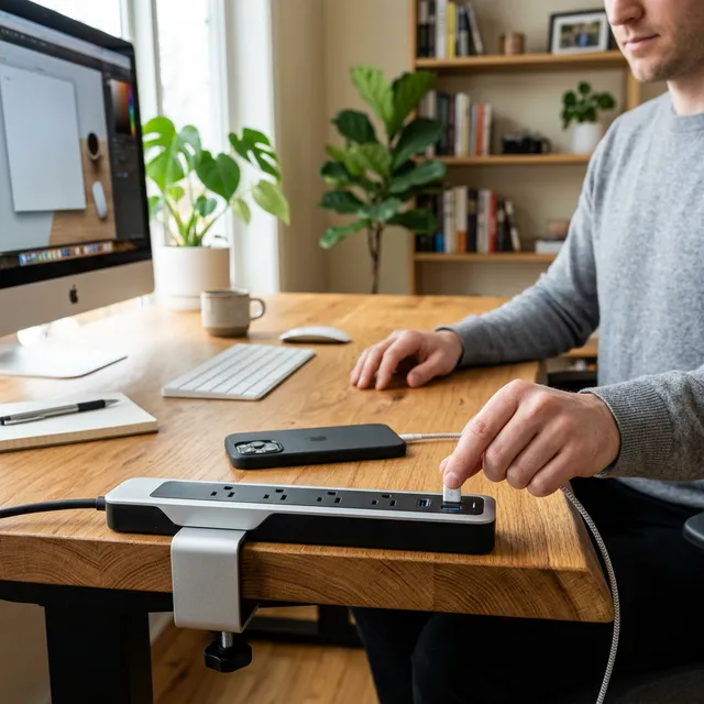 机の下に潜るイライラが消滅！手元にコンセントが来る「クランプ式電源タップ」