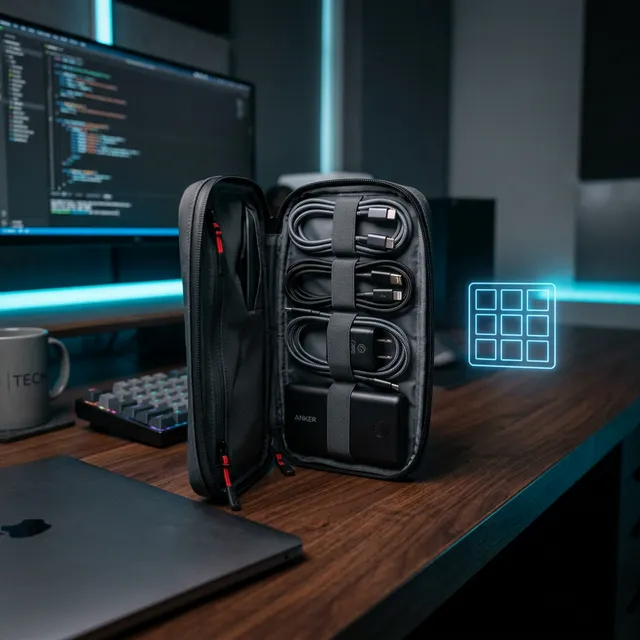 カバンの中のケーブル地獄を解消！机の上で完全に自立する「大容量ガジェットポーチ」