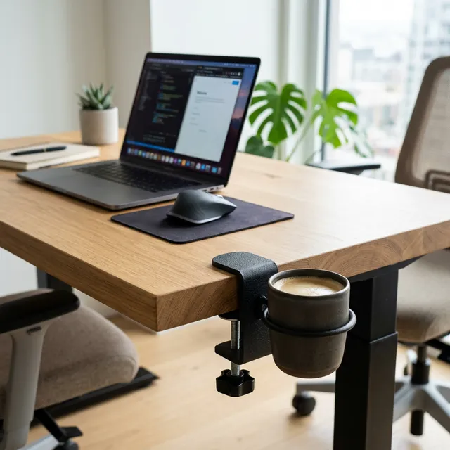 PC水没の恐怖から解放！デスクを広げる「多機能クランプ式カップホルダー」